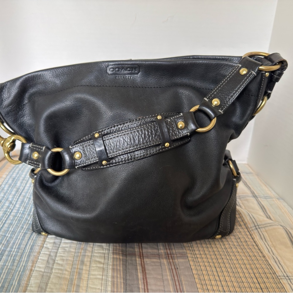 Coach Black Leather Carly Hobo Bag with Brass Accents
